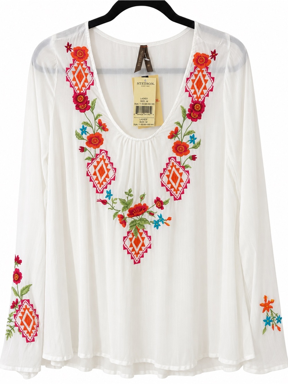 Stetson Women’s M White Embroidered Boho Western Long Sleeve Blouse NWT